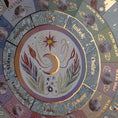 Load image into Gallery viewer, showing the center of the moon phase calendar 2025 with lots of details with gold leaf details