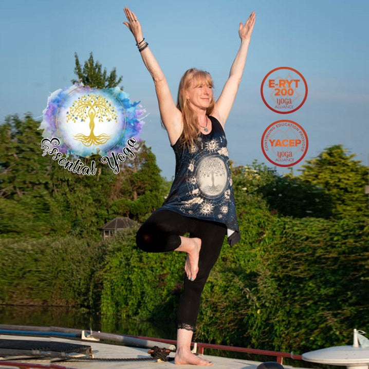 Louise Handy practicing yoga outdoors with 'Essential Yoga' and 'YACEP' logos in the background.