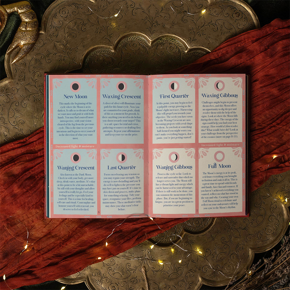 An open booklet or card set laid flat on a decorative brass tray with draped red fabric and warm fairy lights. The booklet has six pink-bordered panels with moon phase headings and small circular moon illustrations.